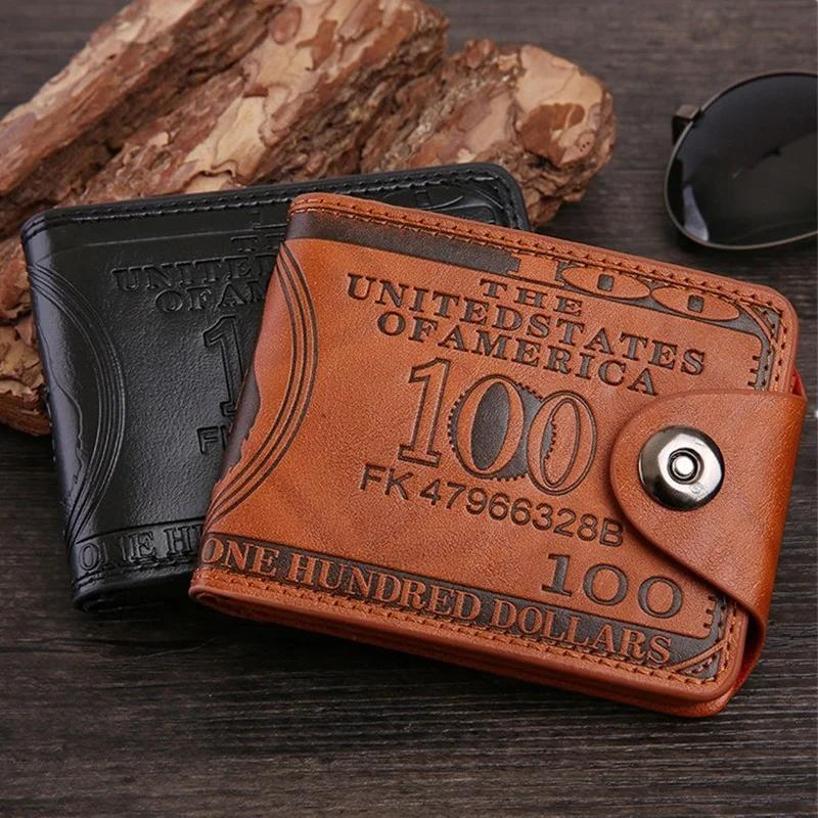 New European And American Vintage Short Dollar Wallet Men's Pressed Magnetic Buckle Three Fold Money Clip Card Bag Zero Wallet