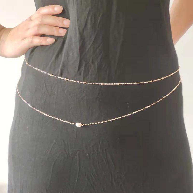 Stylish and simple double-layer body chain, retro street shot round bead chain, freshwater pearl waist chain.