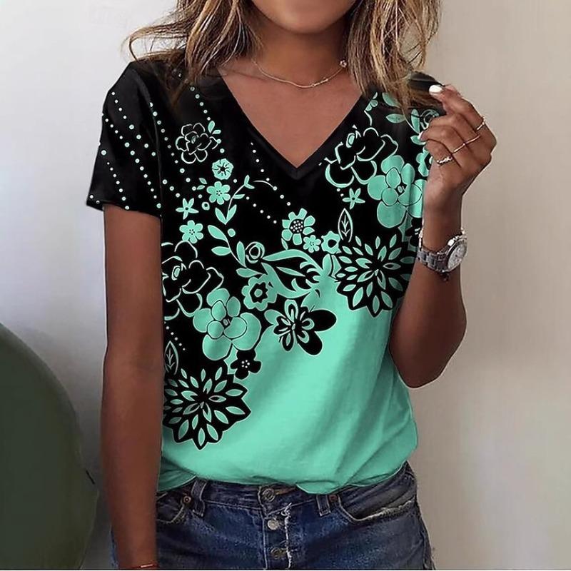 

Модный тренд Цветочный пуловер с V-образным вырезом и короткими рукавами Женская рубашка S