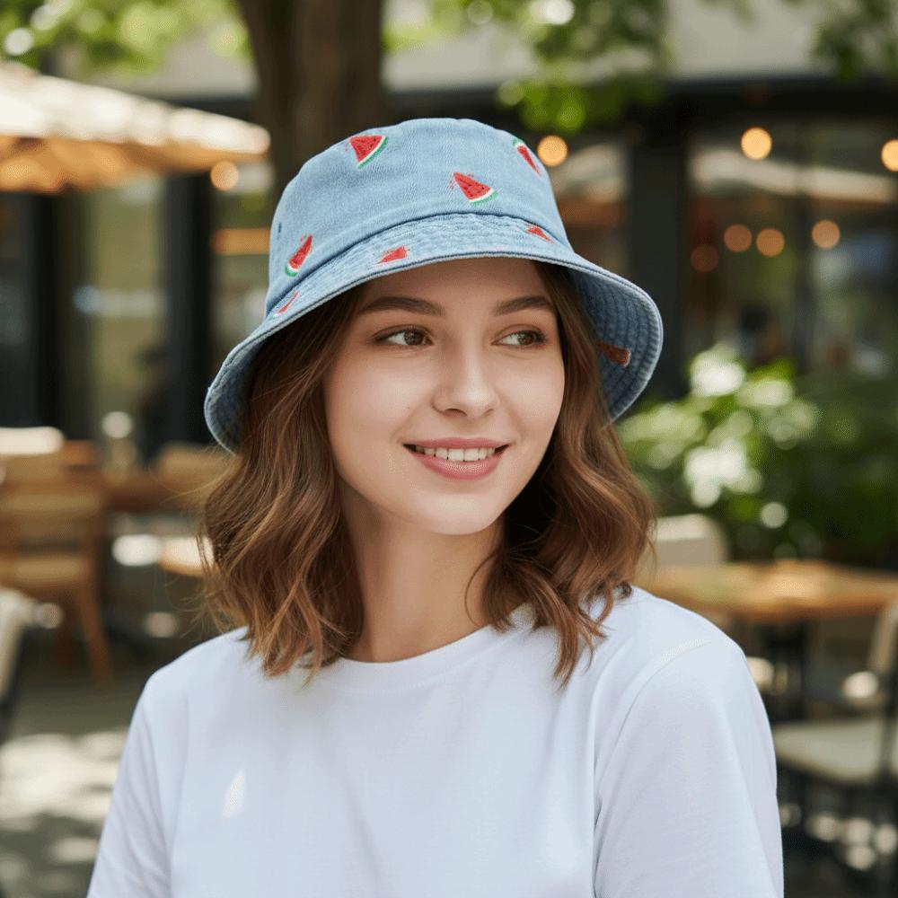 Soft Watermelon Strawberry Embroidered Denim Bucket Hat Butterfly Pattern Wide Brim Denim Fisherman Hat Sun Hat Travel