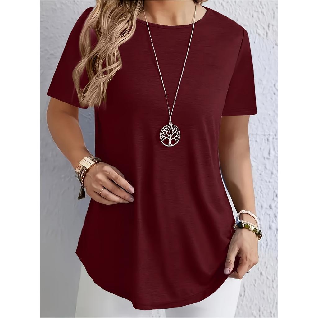 Spring Summer Solid Color T-shirt, Elegant Back Button Design, Casual Top for Women, European American Fashion Casual Wear