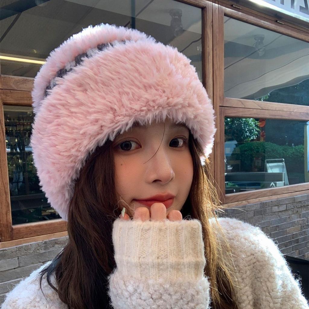 Nová zimní bílá plyšová pletená čepice dámská teplá zesílená ochrana uší vlněná čepice univerzální čepice do chladu