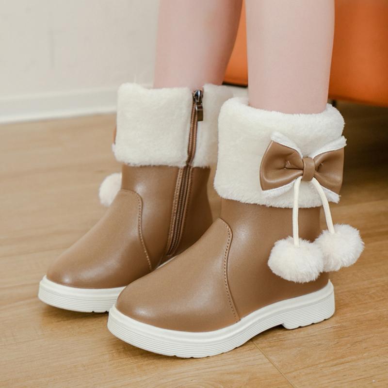 Children's snow boots, girls' leather short boots, winter velvet warm princess boots, medium to large children's and girls' cotton boots