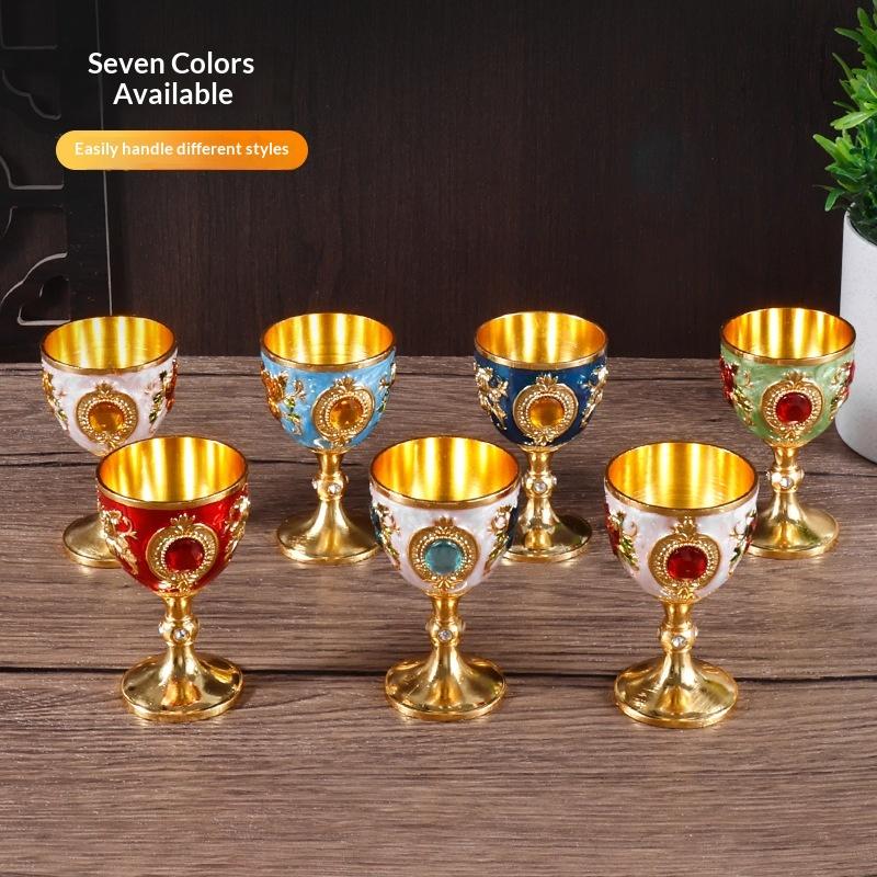 Vintage European Alloy Goblet Embossed Enamel Mini Liquor Wine Cup Multi Colors For Wedding Home Bar Table Decor Gift
