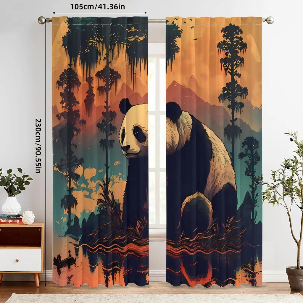2pcs Vintage Panda Print Blackout Curtains - Matte Polyester, Rod Pocket Design with Eyelet, Machine Washable, Fashionable