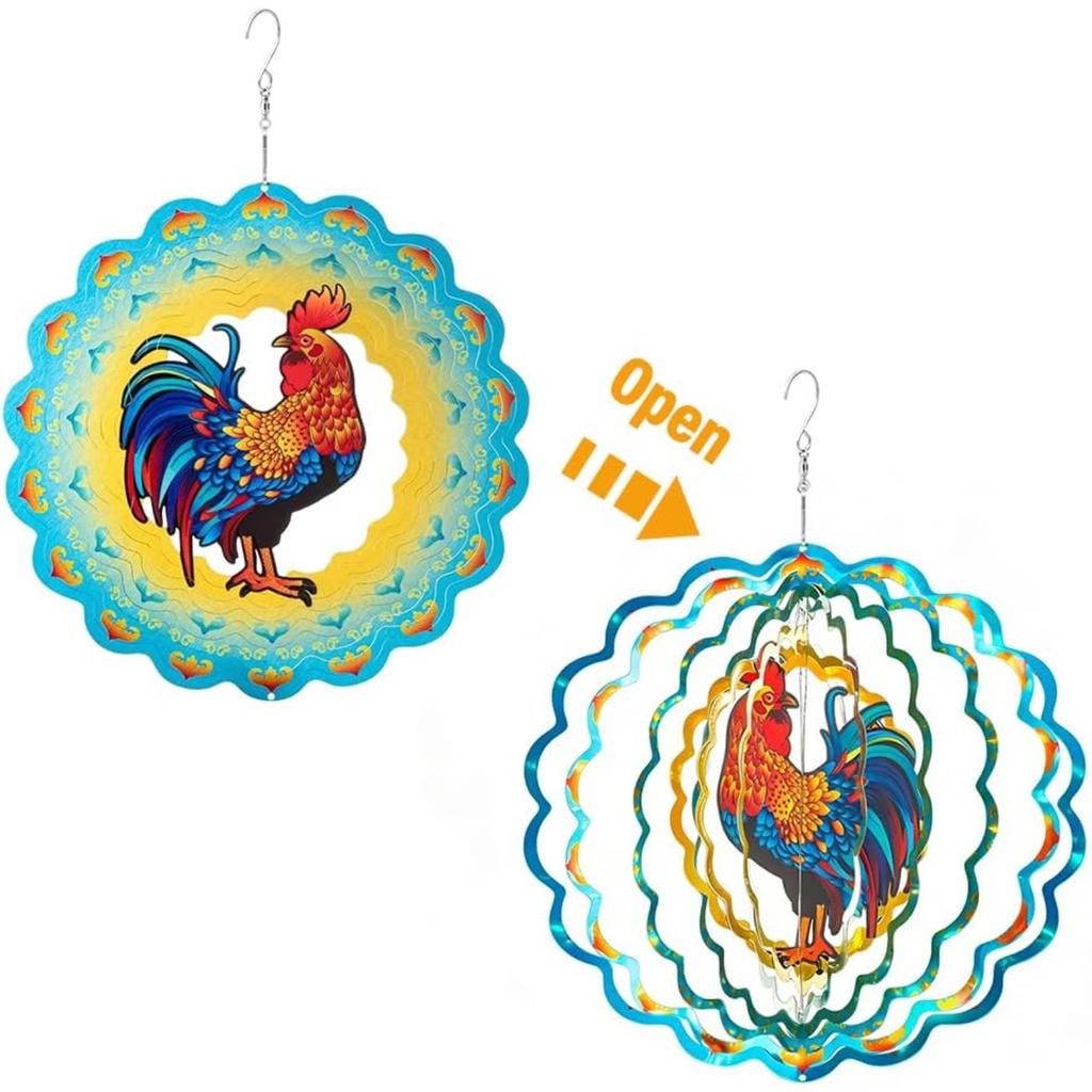Rooster Wind Spinner, 30cm 3D Metal Hanging Wind Spinner, Hanging Ornament for Women Gifts Garden Yard Art Decorations (Rooster)