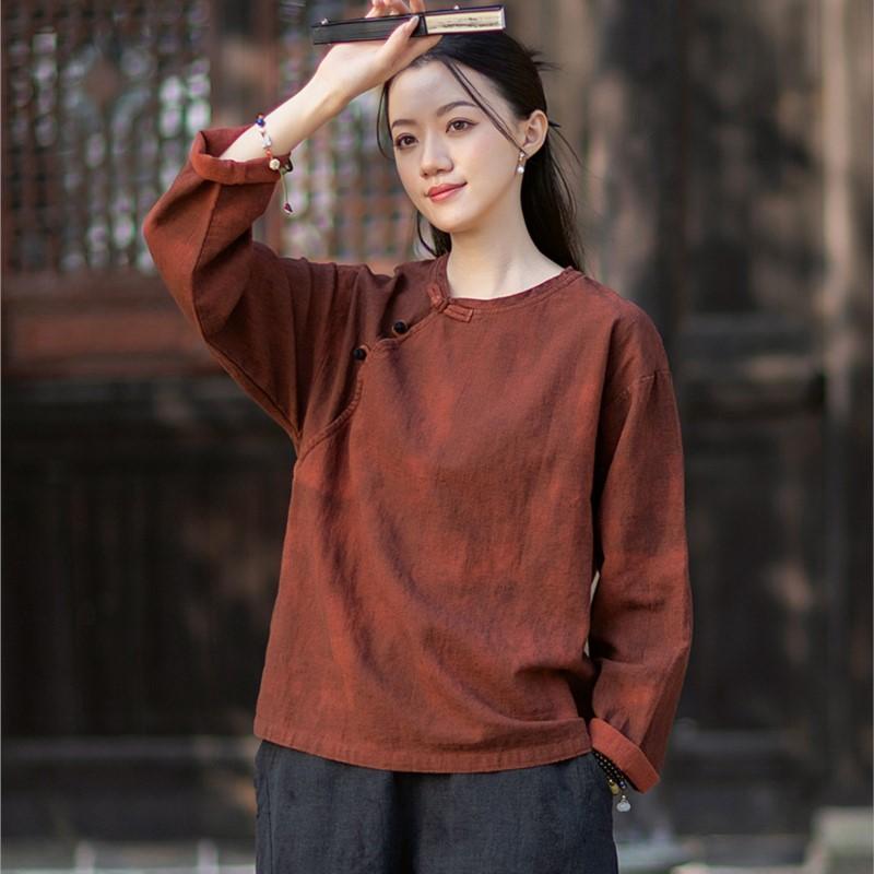 

Johnature Women Vintage T-shirts Spring Chinese Style Tie-dye Tees O-Neck Long Sleeve Female T-Shirts One Size красный