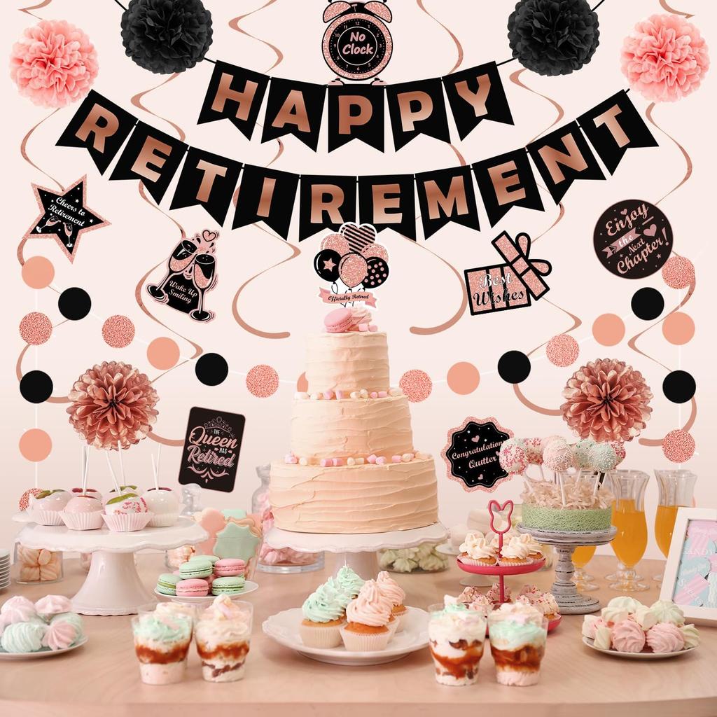 Retirement Party Decorations for Women, Black Rose Gold Happy Retirement Banner, Hanging Swirl ,Dot Garland, Paper Pompoms for Happy Retire Party