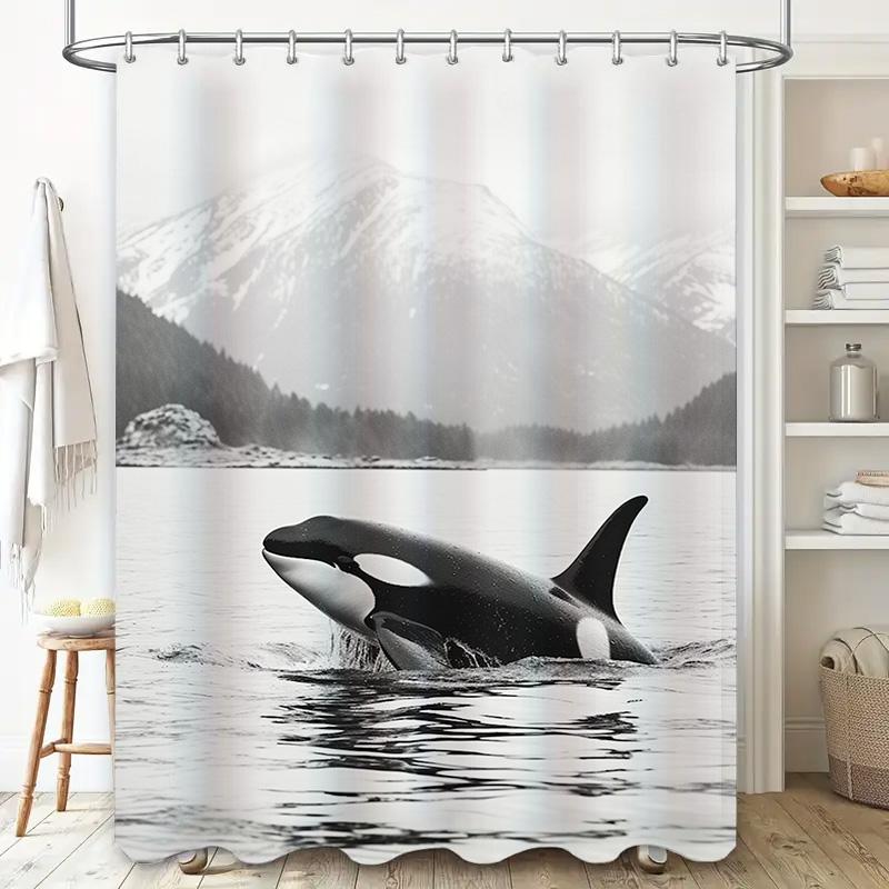 Whale Print Shower Curtain Waterproof Decorative Shower Panels for Bathroom Oceanic Marine Life Bathing Room Decoration Black Wh