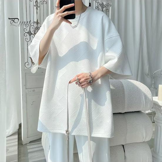 Camiseta de verano para hombre, cuello redondo, holgada, de largo medio, de color liso, con textura de gofre, talla grande, media manga, estilo japonés, ropa de calle para exteriores