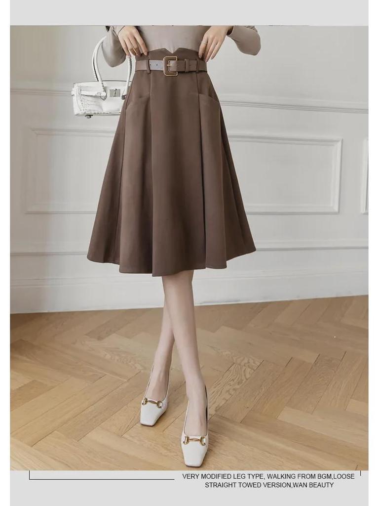 Fusta A-Line din Lână în stil francez pentru femei - Lungime mijlocie, Talie înaltă, Toamnă/Iarnă