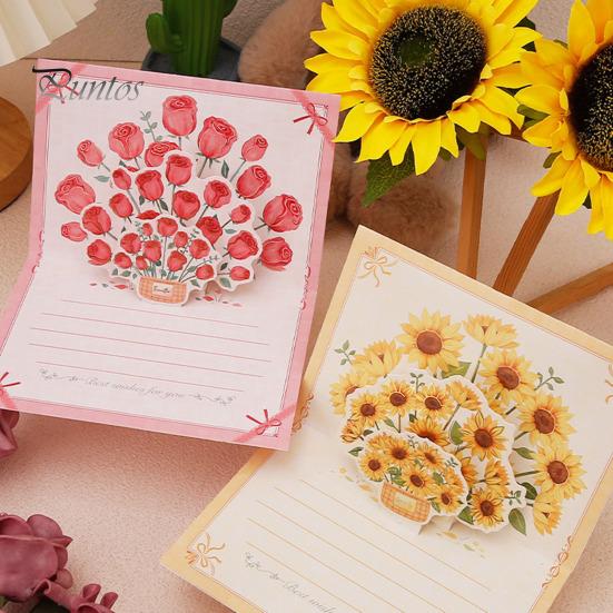 Pop-Up Greeting Card 3D Flower Bouquet Card Handmade Rose Sunflower Tulip Gift Card for Mother's Day Graduation Anniversary