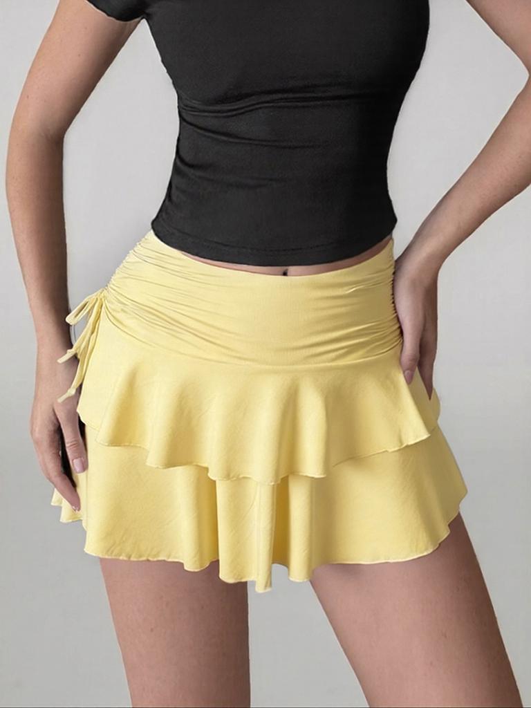 Women Skirts Solid Color Drawstring Design Skirt High WaistedWrapped Hip Short Skirt Mini Skirt