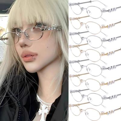 New Fashion Small Oval Glasses Frame with Diamonds for Women Metal Anti-Blue Light Glasses Japanese Retro Reading Y2K Eyeglasses