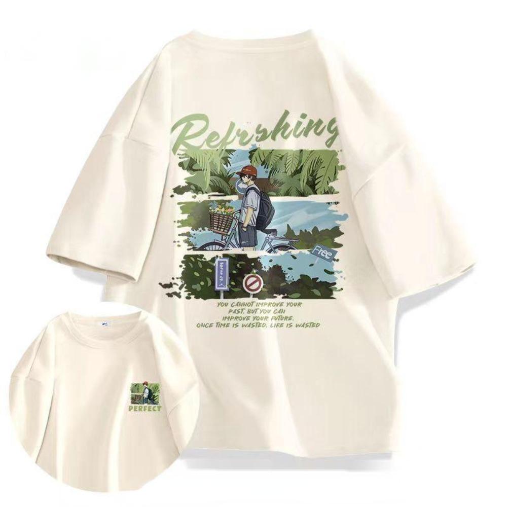 

Korean cartoon retro printed short sleeved Tshirt fashionable plus size loose fitting mens and womens top oversized t shirt M