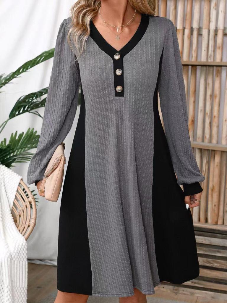 Spring European & American V-Neck Buttoned Striped Loose Knit Dress - Long Sleeve Casual