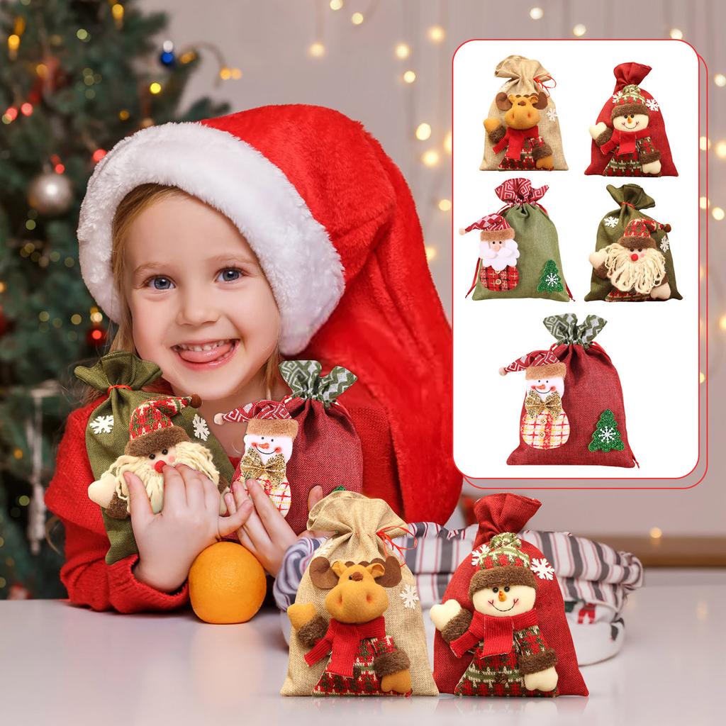 5 PCS Drawstring Christmas Bags, Christmas Gift Bags,3D Gift Bags, Christmas Wrapping Bags, Candy Bags, Red Pouch Bags, Sack Stockings, 8 X 11 Inch