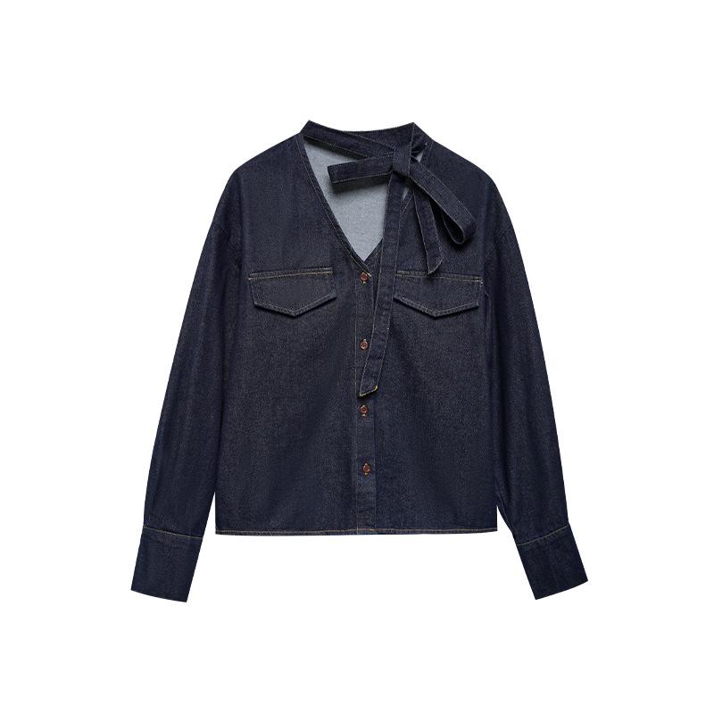 

Осень 2024 Женская джинсовая рубашка на шнуровке в ретро-стиле Гонконга Small синий
