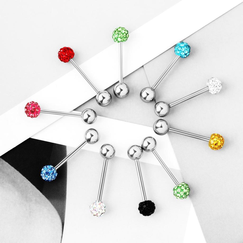 New Stainless Steel Tongue Barbell with Colored Diamond Ball Jewelry