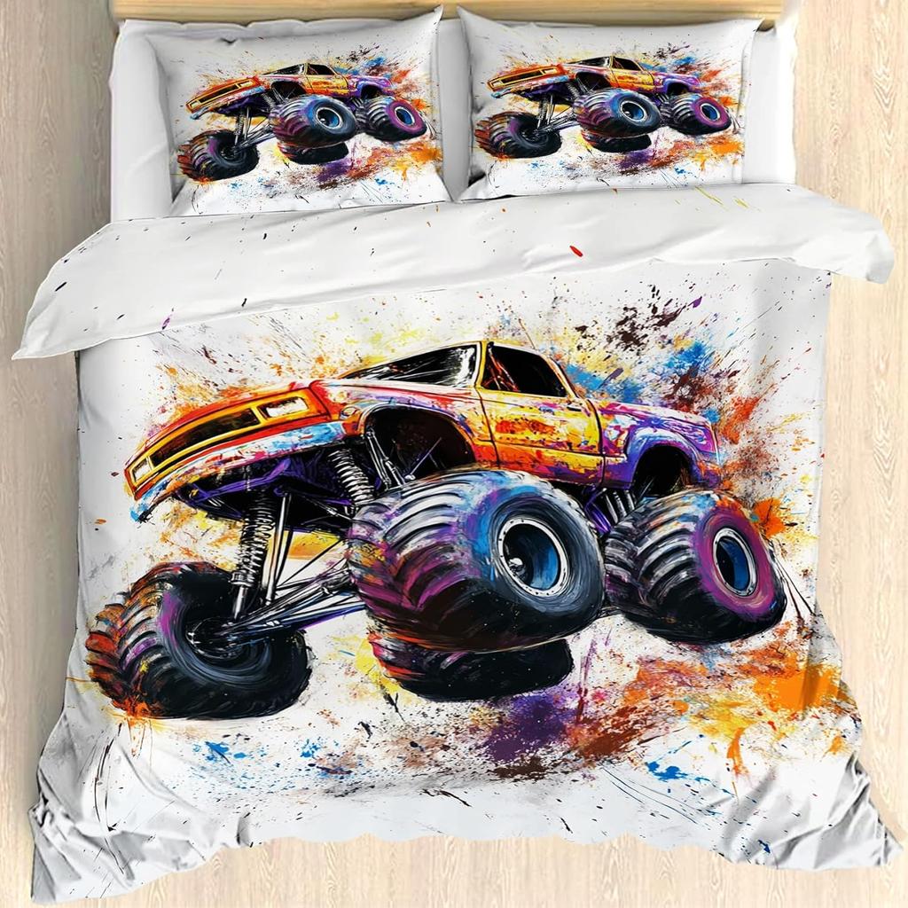 Monster Truck Bedding 135X200 Winter, Boys Car Duvet Cover 2Er Set With Pillowcase 75X50, Soft Microfiber Bedding With Zipper