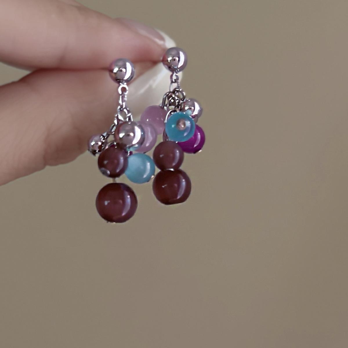 Silver needle opal grape string fringed earrings retro niche fashion temperament earrings niche high-end earrings women