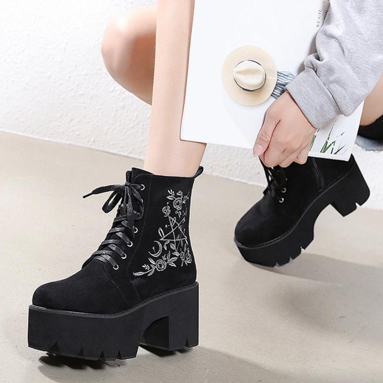 Botas de tubo corto con cremallera lateral gótica Botas de invierno De  mujer Bordado Plataforma con cordones Botines comprar a buen precio —  entrega gratuita, reseñas reales con fotos — Joom