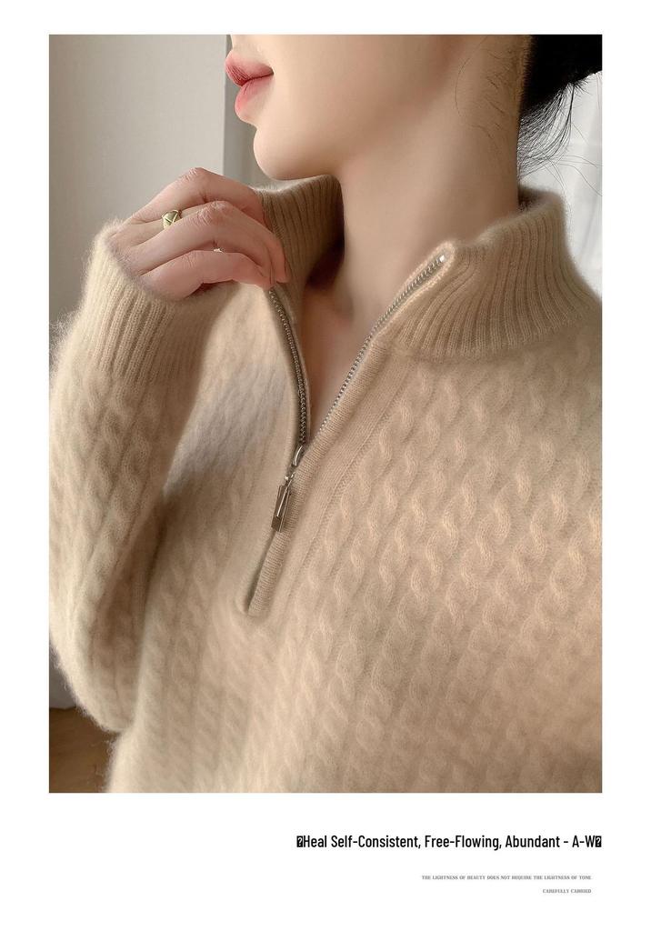 Women's 100% Wool Cable Knit Sweater: Autumn/Winter Seven-Stitch Thickened Half-High Collar with Half-Zip & Long Sleeves