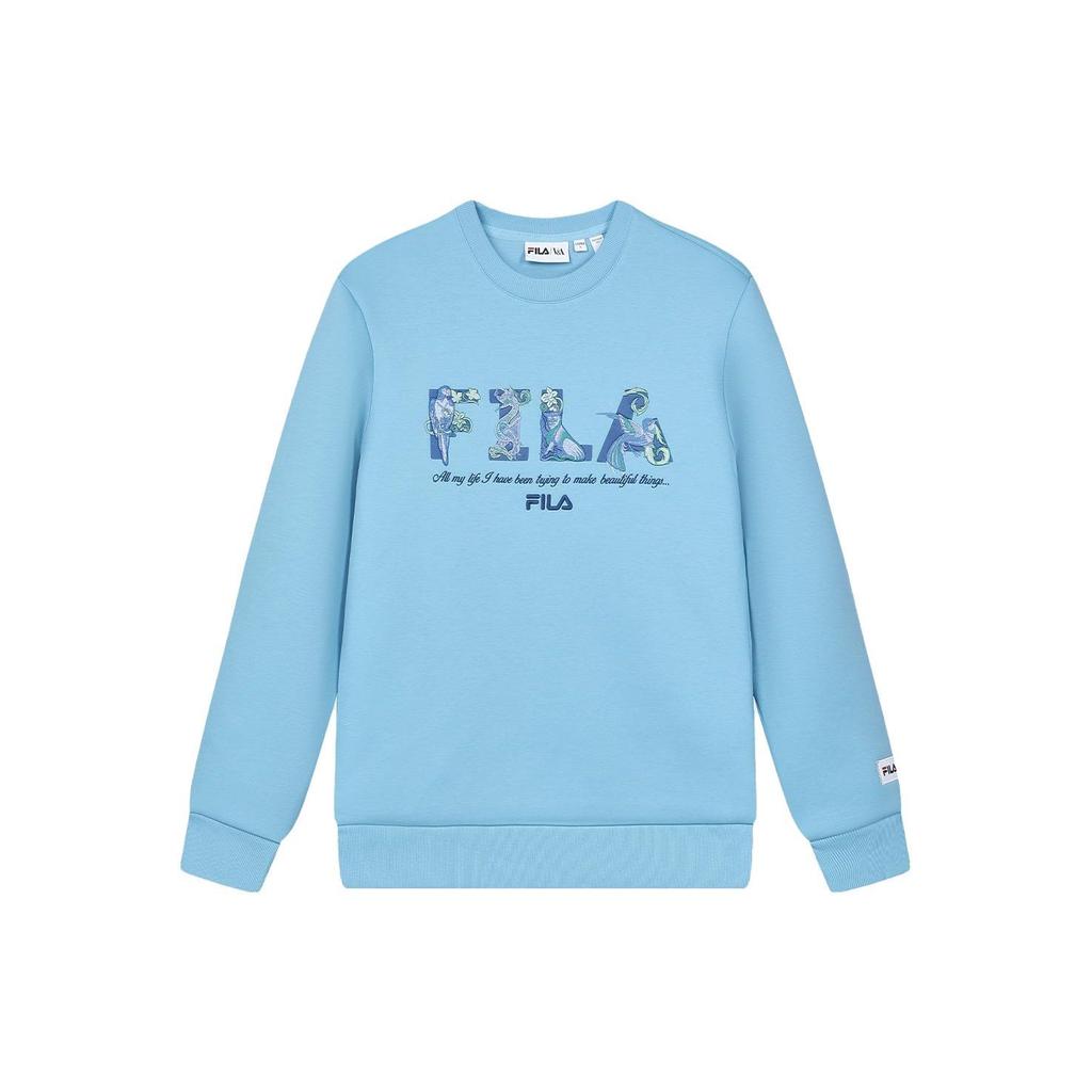 Fila X V&A Collaboration Morgan Series Floral Bird Pattern Crew Neck Pullover Casual Knit Sweatshirt Men Sweatshirt Cyan F11M418201F-BU
