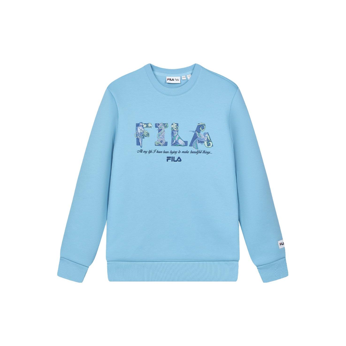 

FILA X V&A Collaboration Morgan Series Floral Bird Pattern Crew Neck Pullover Casual Knit Sweatshirt Men sweatshirt Cyan F11M418201F-BU XXL