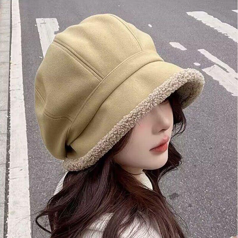 Autumn and Winter Fisherman's Hat with Fleece for Cold Protection Ear Protection Basin Hat Casual Lamb Wool Octagonal Beret