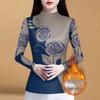 Mom's Autumn/Spring Long Sleeve Semi-High Neck Fleece Lined Shirt - High-End Print Tummy Covering T-Shirt Top