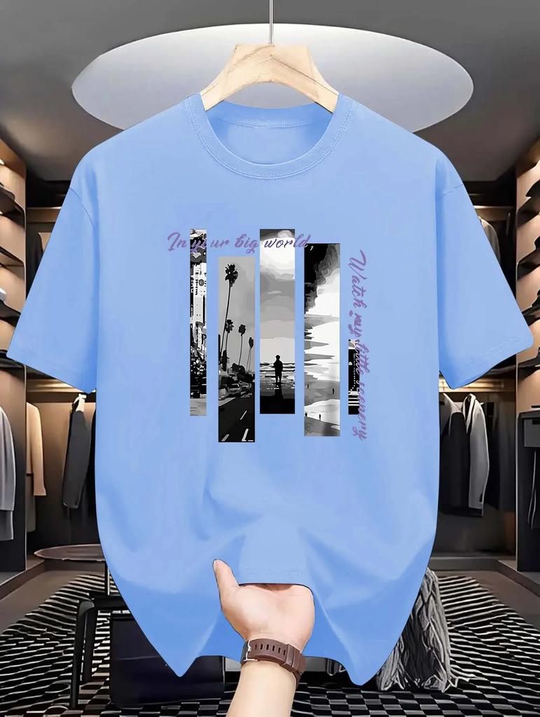 Summer Fashionable  Crew Neck T-Shirt - Men's Casual Short-Sleeve Tee with Seaside Letter Print, Slight Stretch, 180gsm