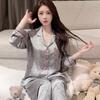Luxury Ice Silk Pajamas for Women: Spring/Autumn Long Sleeve & Pants, Color Block Korean Style Homewear