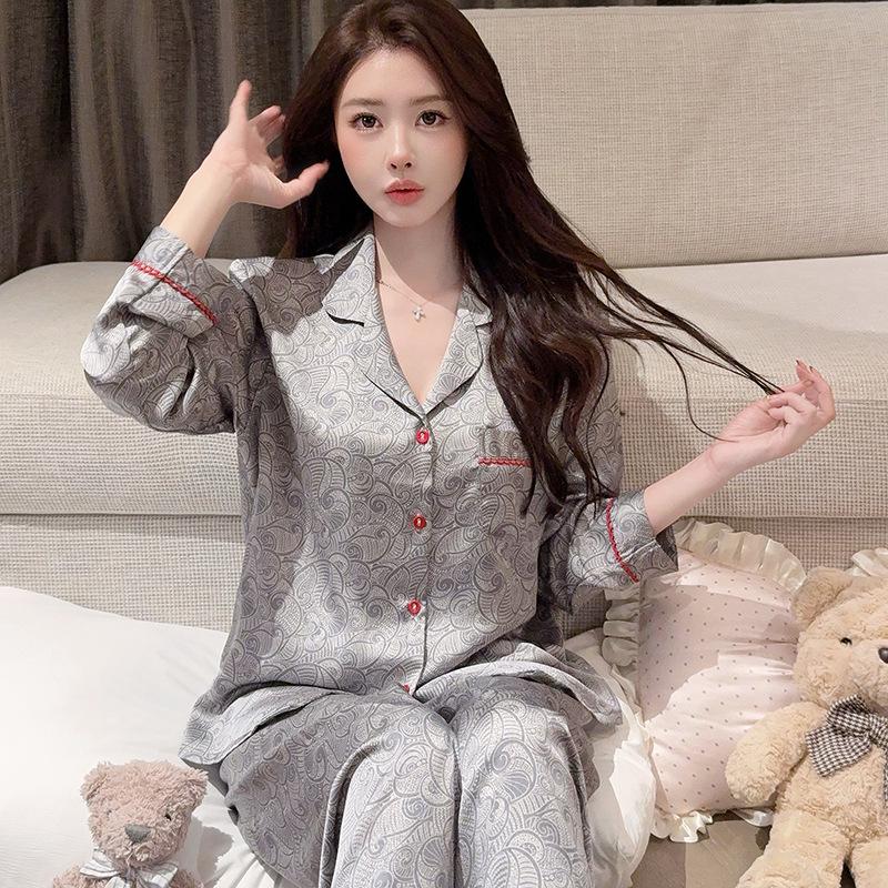 Luxury Ice Silk Pajamas for Women: Spring/Autumn Long Sleeve & Pants, Color Block Korean Style Homewear