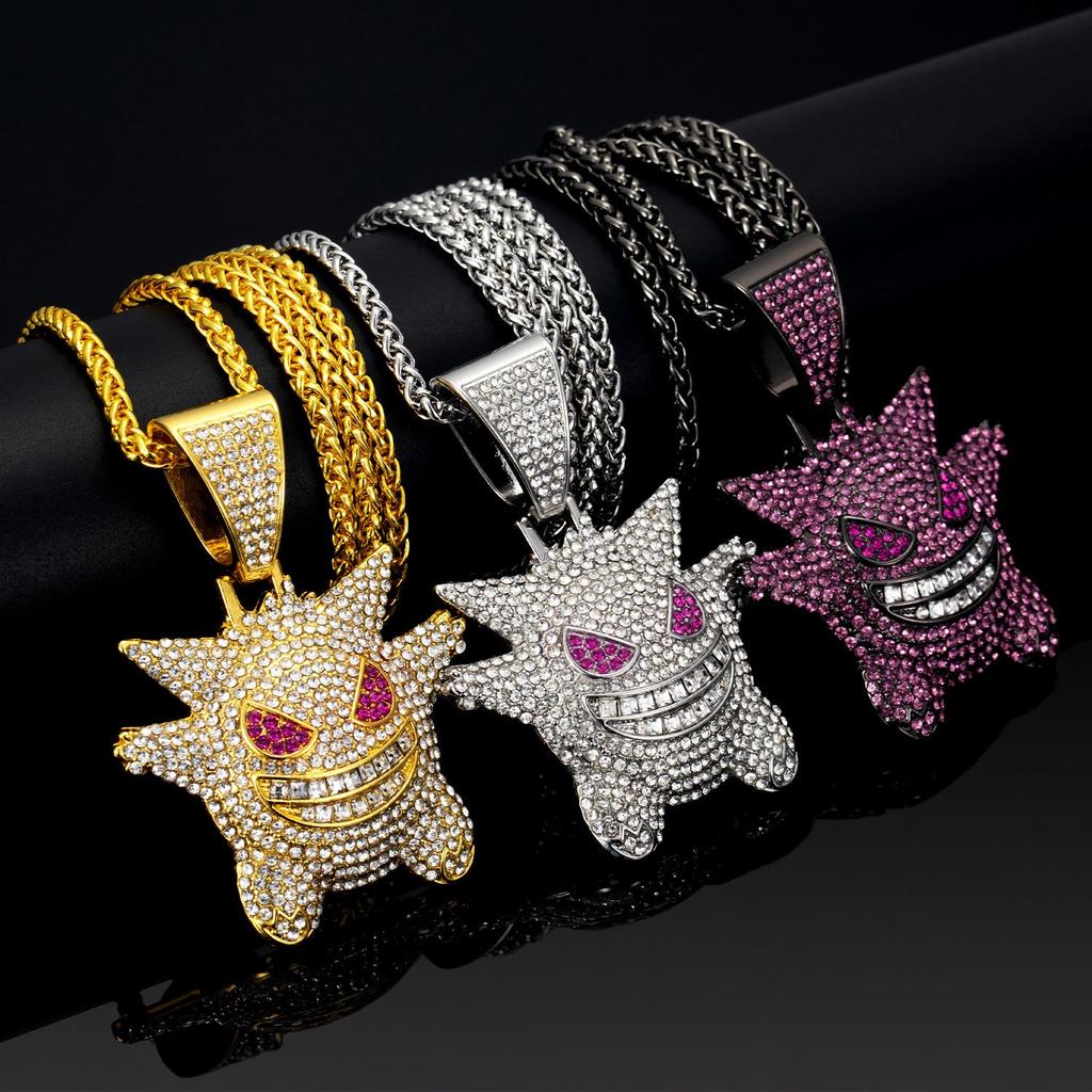 Přehnaný hip-hopový náhrdelník s přívěskem Gengar: Slitinový kreslený řetízek na svetr s plnými diamanty