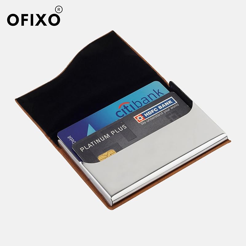 OFIXO eather Business Card Holder Card Name ID Credit Card Wallet Stainless Steel Card Case for Men Women (OFX-1189)