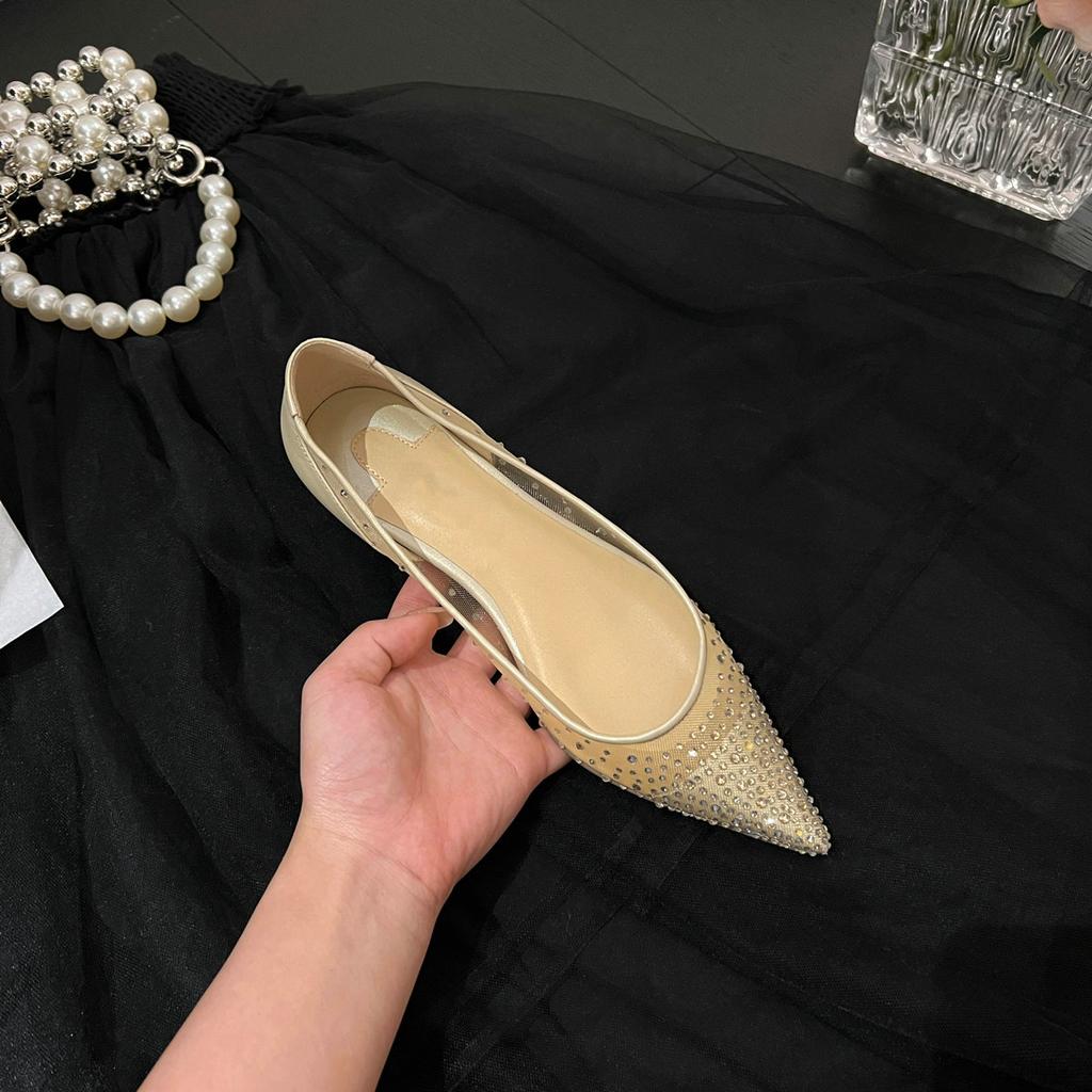 Fashion Summer 2025 Breathable Mesh Rhinestone Flat Shoes, Pointed Sandals, Women'S Soft-Soled Perforated Single Shoes