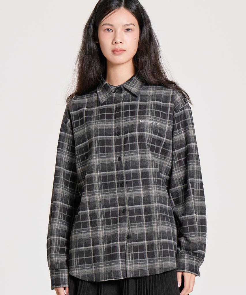 Leondeondada Lettering Embroidered Vintage Loose-Fit Check Shirt, Black
