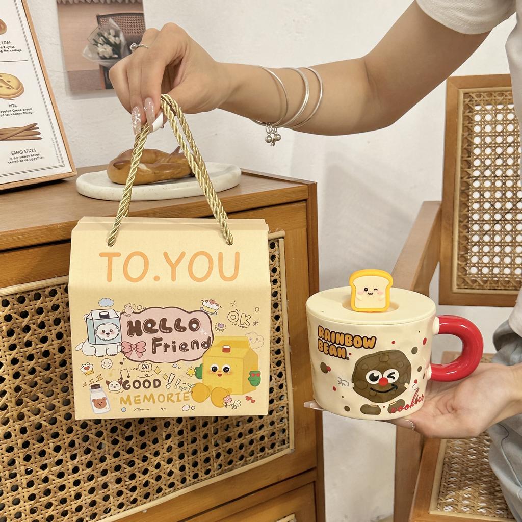Cute Ceramic Cup Household Mug with Lid Spoon Cartoon Water Cup Female Student Dormitory Breakfast Milk Coffee Cup