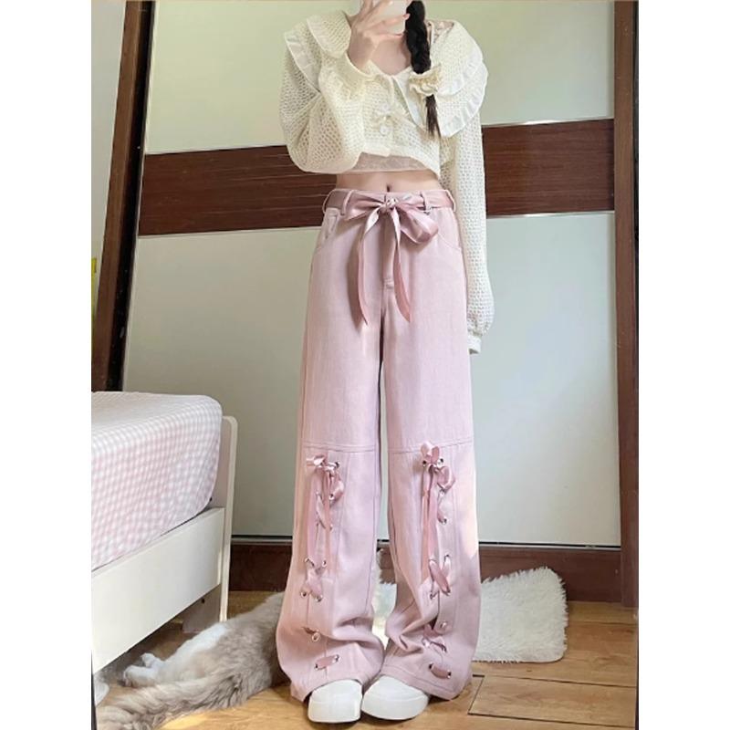 Women Lace-up Pink Jeans Baggy Harajuku 90s Aesthetic Denim Trousers Y2k Oversize Wide Cowboy Pants Vintage 2000s Trashy Clothes