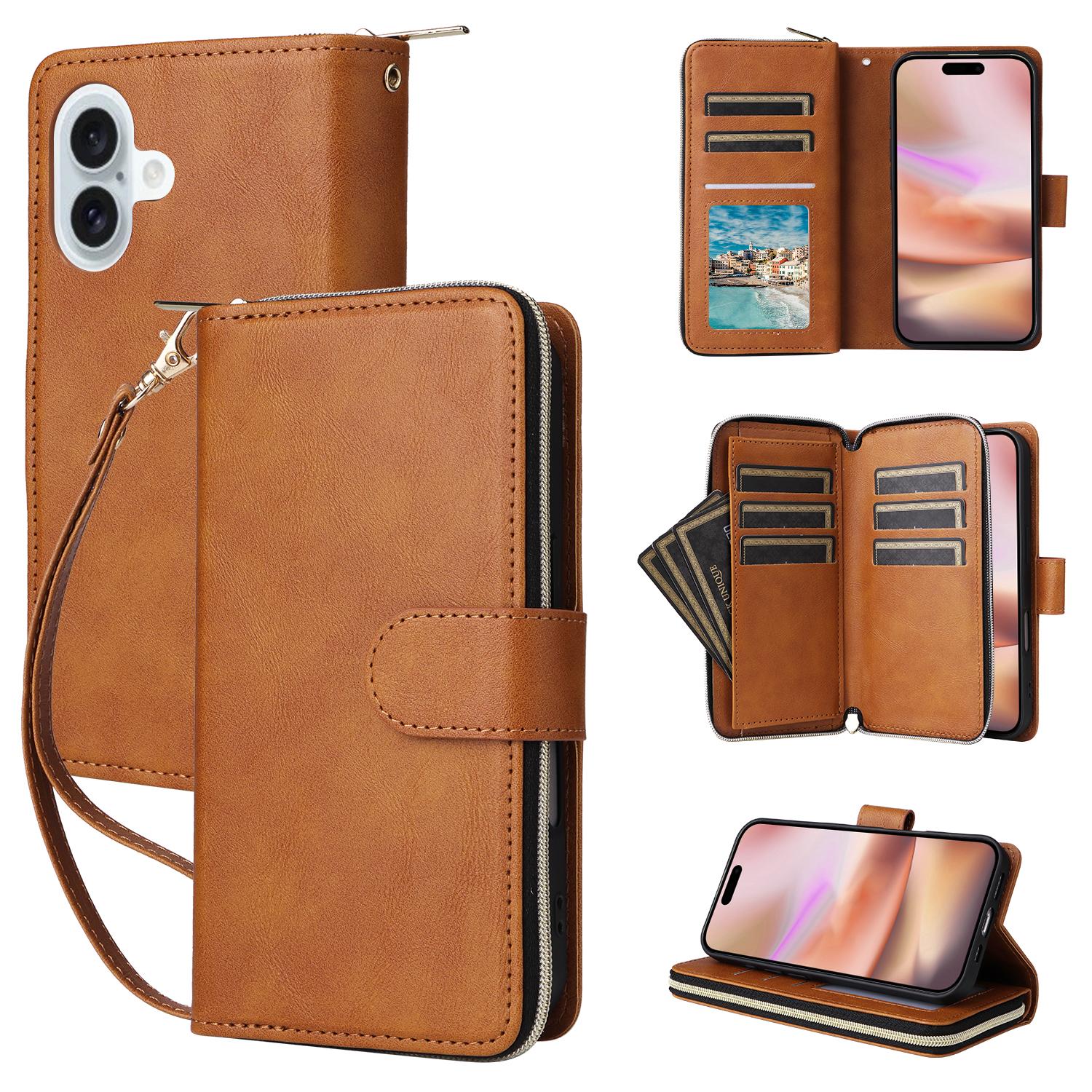 

For iPhone 16 Plus Case PU Leather Phone Cover 9 Card Slots Zipper Pocket Hand Strap Brown