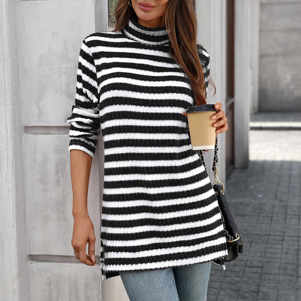 Women's Fashion Casual Striped High Neck Loose Long Sleeve Casual Pullover Top