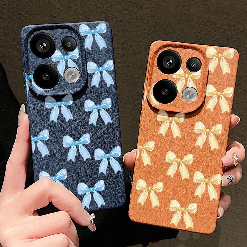 Bowknot Print TPU Leather Texture Slim Case For Xiaomi 13T Pro Poco X7 X6 M6 Pro Redmi Note 14 13 Pro 12 11 Matte Shockproof Soft Phone Cover