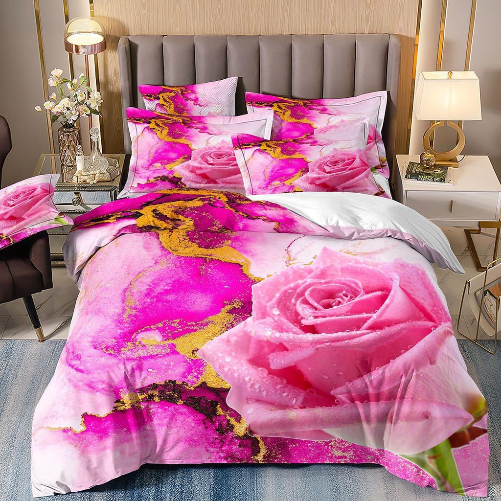 Three-Piece Rose Floral Style 3D Printed Quilt Cover Home Textile Bedding Kit