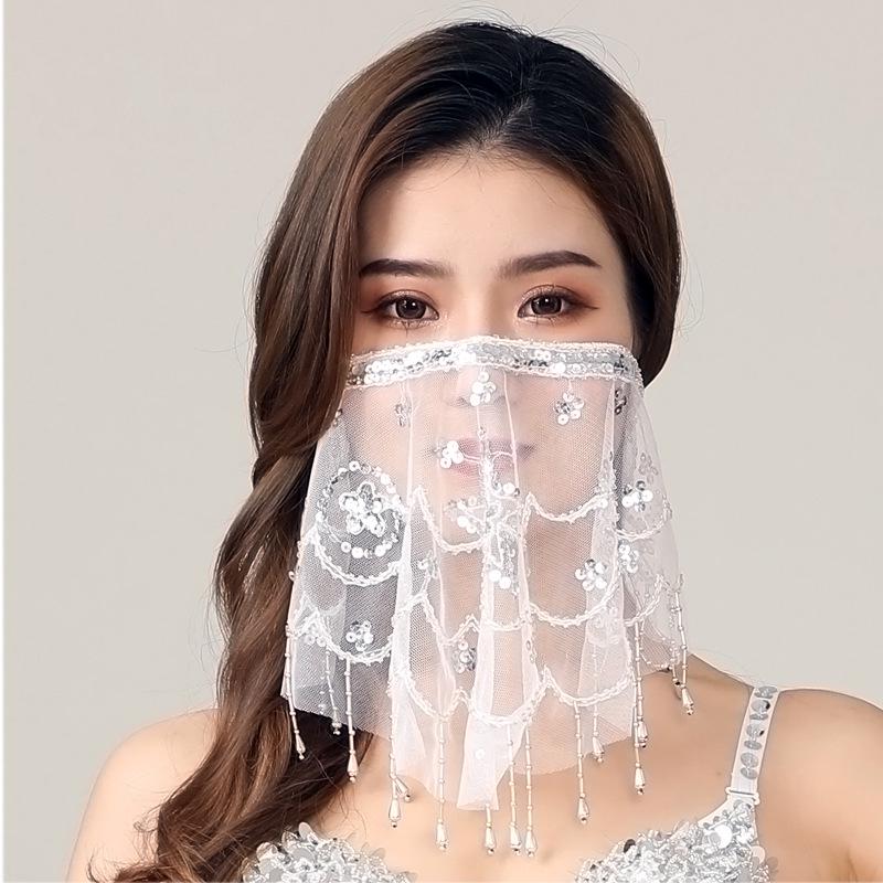 

Блестящая сетчатая танцевальная вуаль-шарф и маска - Аксессуар для танца живота One Size серебро белый