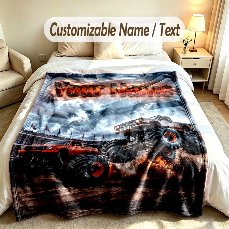 Monster Truck Theme Custom Blanket Personalized Name & Text Customized Soft Warm Throw Blanket Home Decor