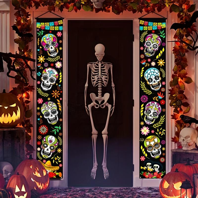 Party Banner, 1 Pair, Exquisite Day of the Dead and Halloween Porch Hanging Decoration Banner, Colorful Floral Skull Banner, Mexican Day of the Dead P