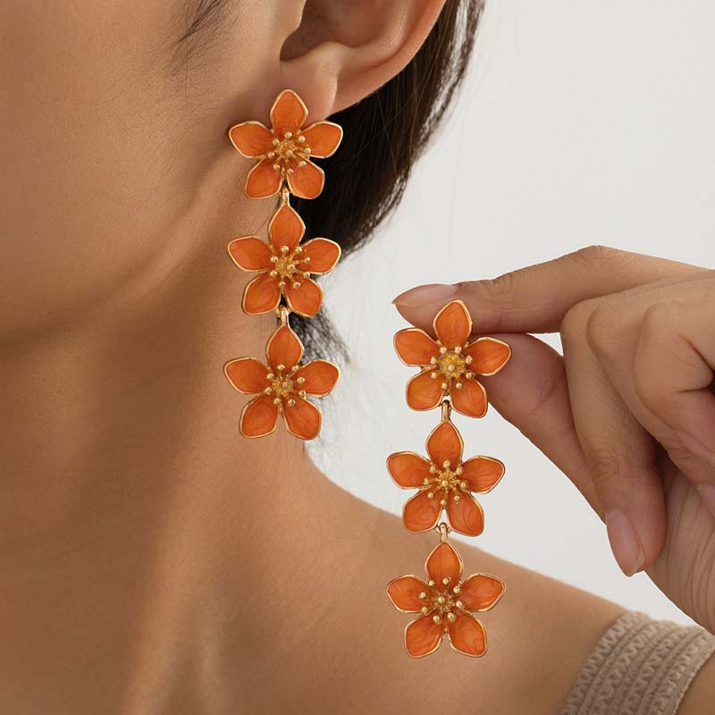 Korean Colorful Enamel Flower Drop Earrings for Women Retro Metal Long Floral Temperament Earrings Zircon Holiday Party Gift