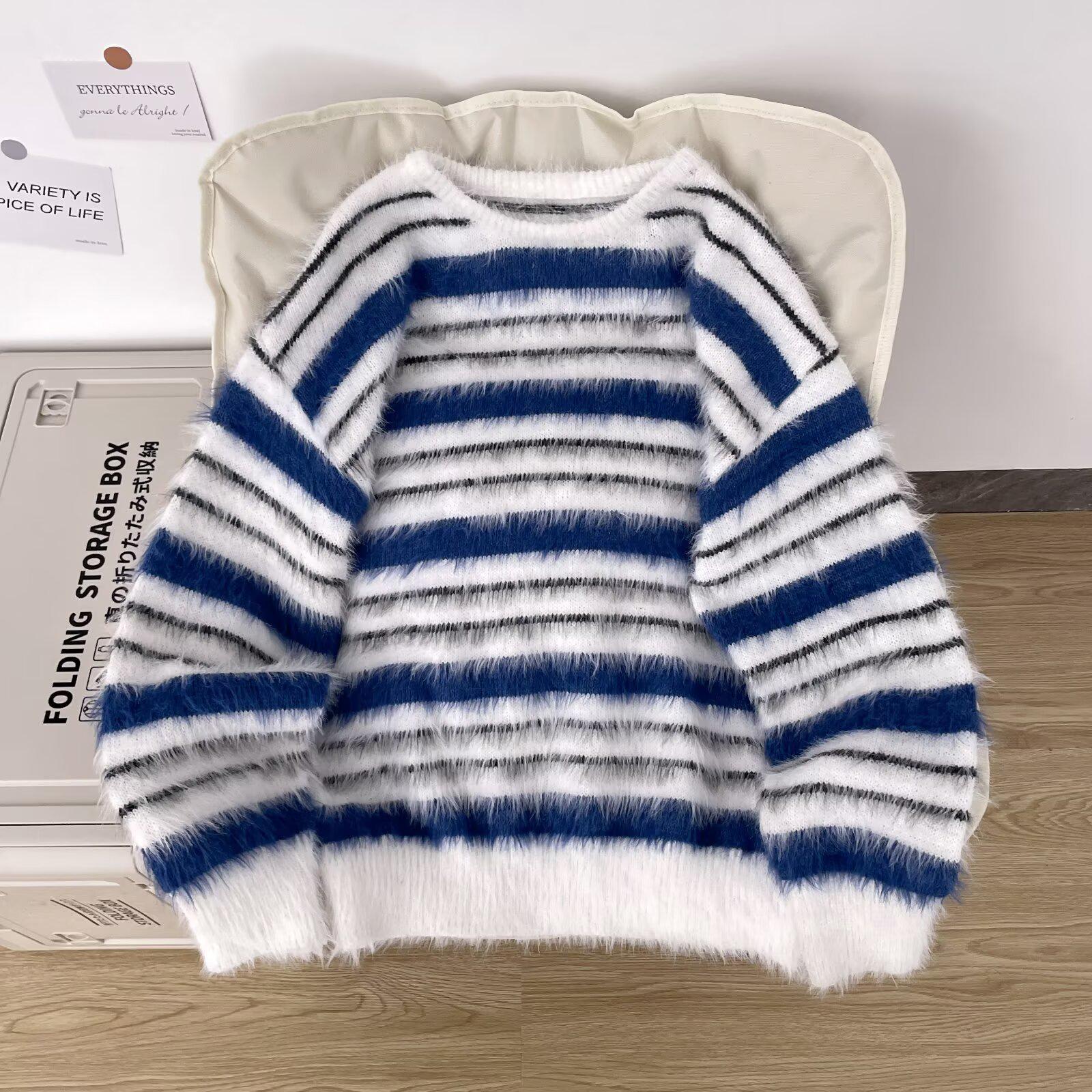 

Unisex Striped Color Block Mink Velvet Sweater - Winter Trendy Round Neck Pullover Knitwear for Couples 2XL синій