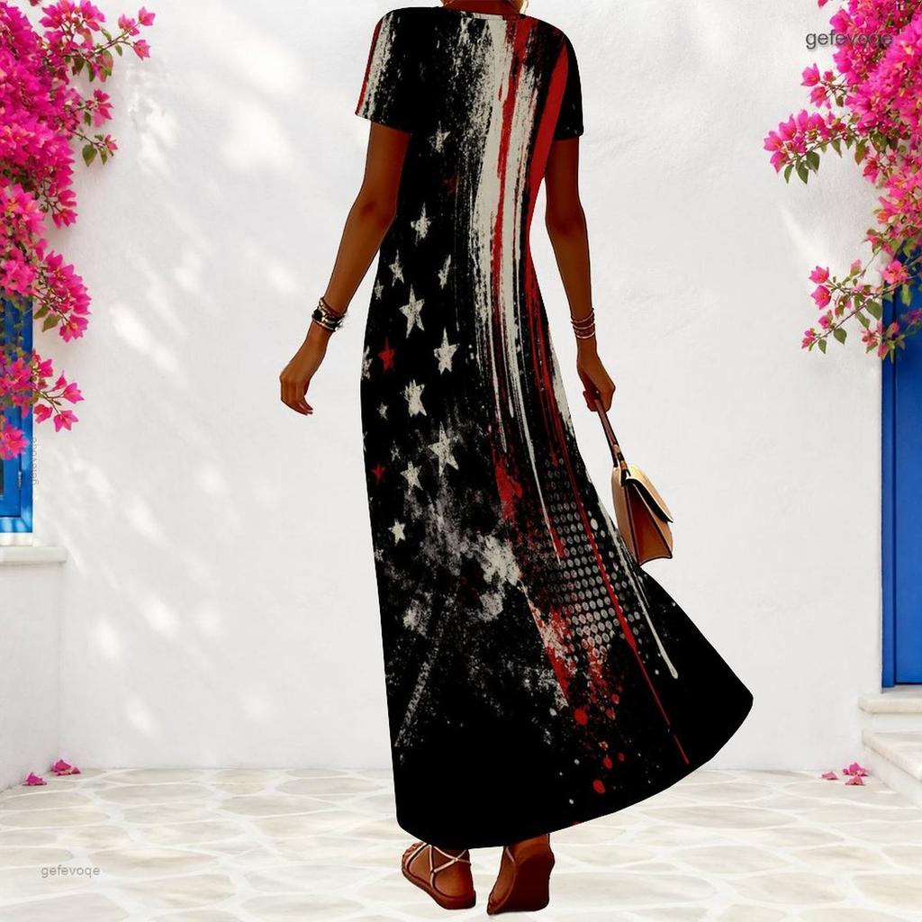 Women Plus Size V Neck Short Sleeve Dark Abstract Printed Maxi Dress